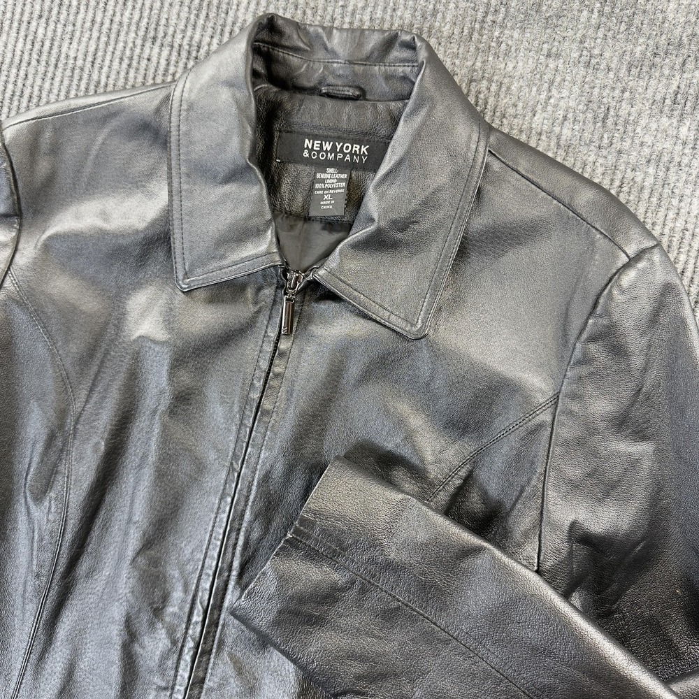 New York & Company Jacket Womens XL Black Genuine‎ Leather Full Zip Collared